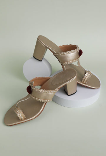 Golden Cruelty-Free Leather Heeled Sandals – Elegant & Stylish